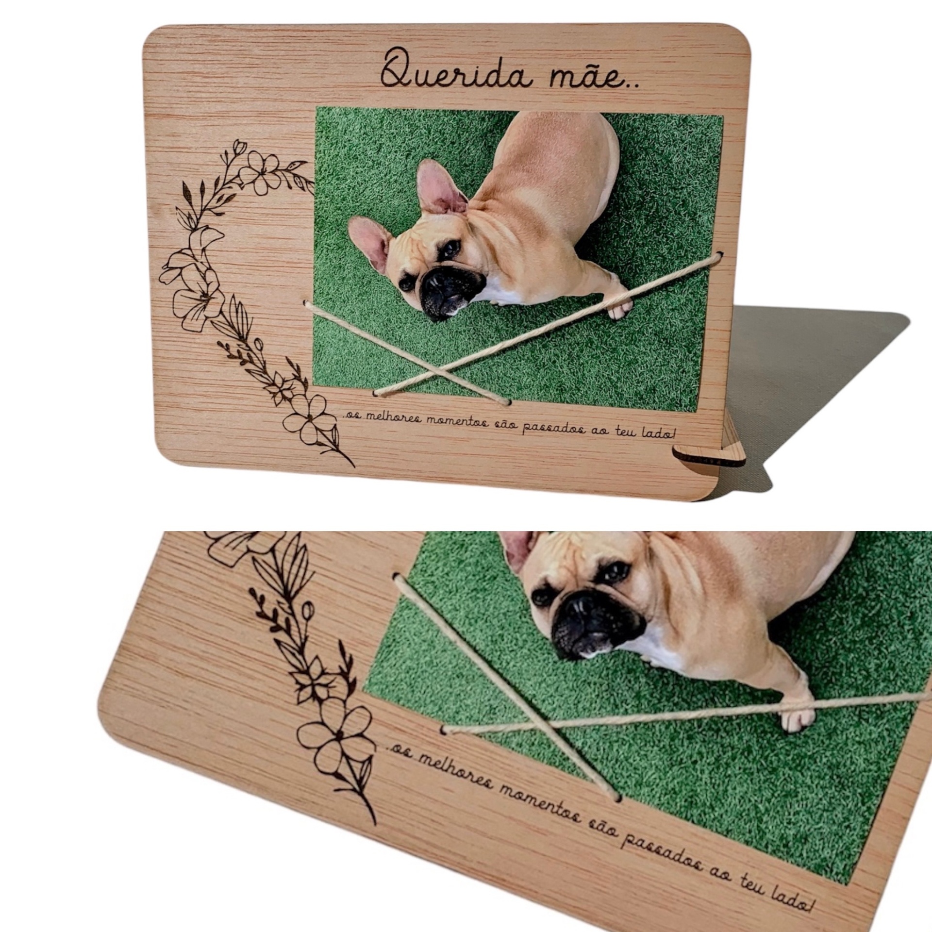 Moldura de madeira para foto com cão e texto dedicado à mãe