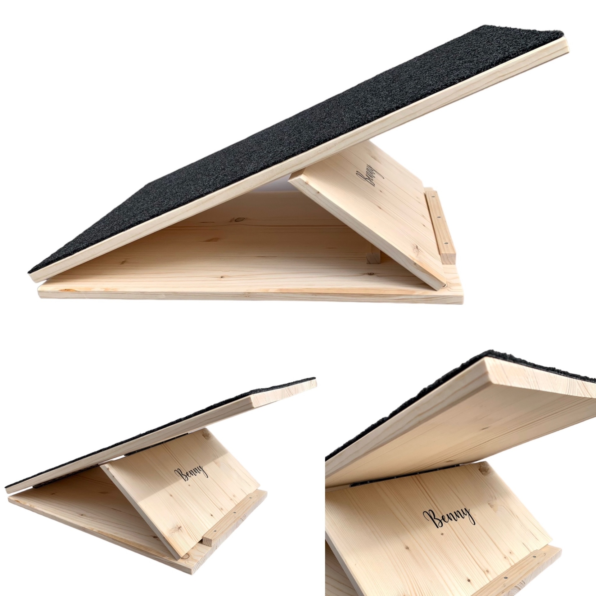 Rampa para ginástica canina de madeira clara com superfície antiderrapante preta