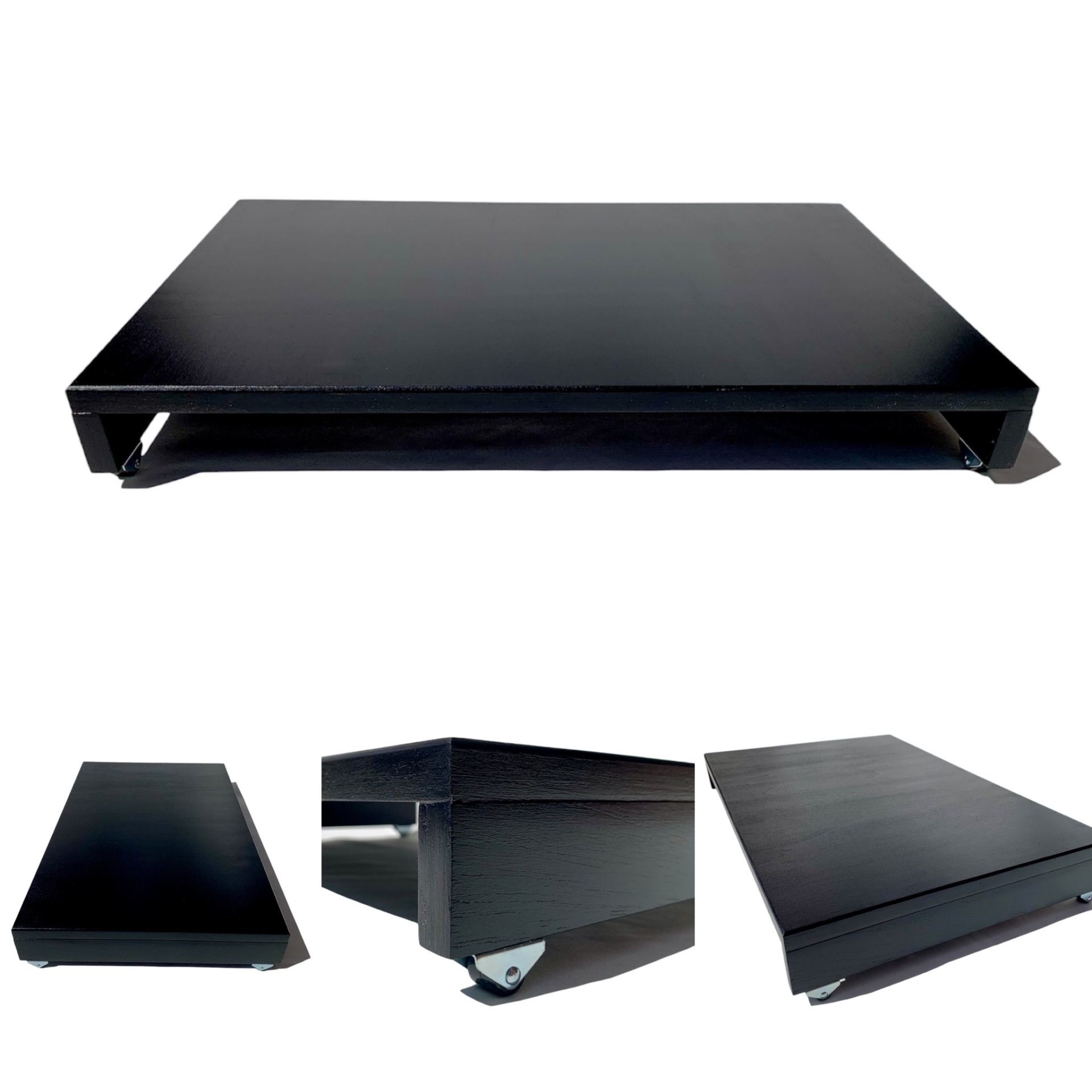 Suporte preto retangular com rodas em quatro vistas diferentes