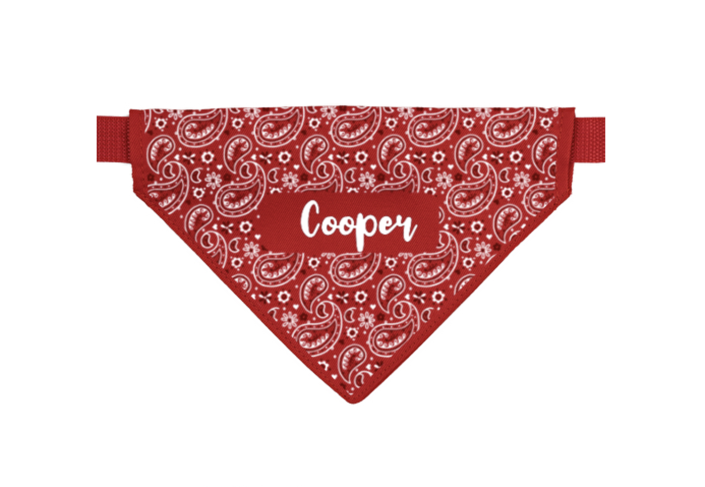 Lenço vermelho para cão com padrão paisley branco e nome Cooper