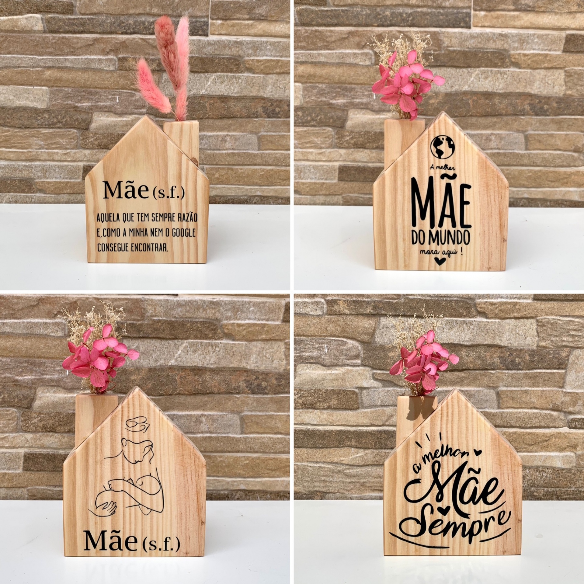 Quatro vasos decorativos de madeira com textos sobre mães e flores secas cor-de-rosa