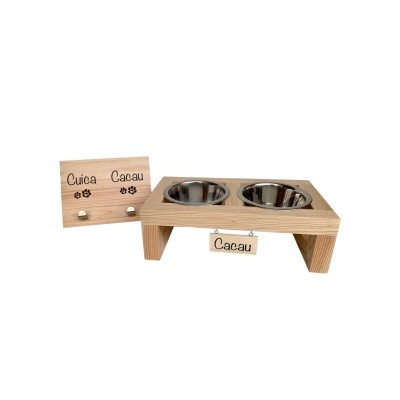 Comedouro para pets em madeira com duas tigelas de metal