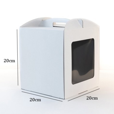 Caixa branca quadrada com janela transparente e alça integrada