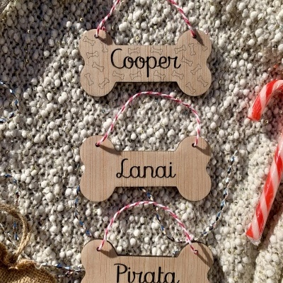 Etiquetas de madeira em forma de osso com nomes Cooper, Lanai e Pirata penduradas em tapete bege com bastão de doces lombado.