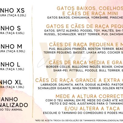 Tabela de tamanhos para taças de água para cães e gatos com descrições em português.