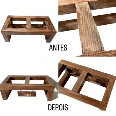 Estrutura de madeira com duas divisórias e etiquetas 'ANTES' e 'DEPOIS'