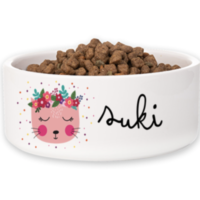 Taça branca de cerâmica com desenho de gato e nome Suki