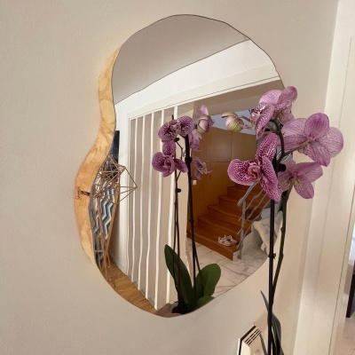 Espelho de parede com moldura irregular em madeira refletindo orquídea cor-de-rosa