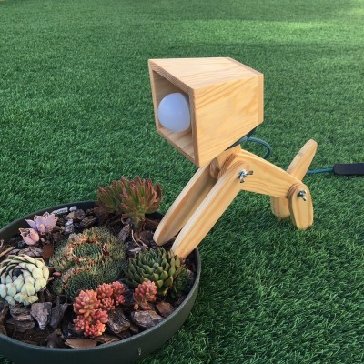 Abajur de madeira em forma de cão ao lado de vaso com suculentas em relva artificial verde