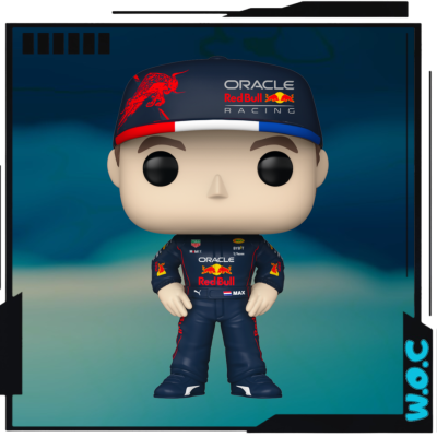 Figura Pop Funko de piloto de corrida com macacão e boné da Red Bull Racing.