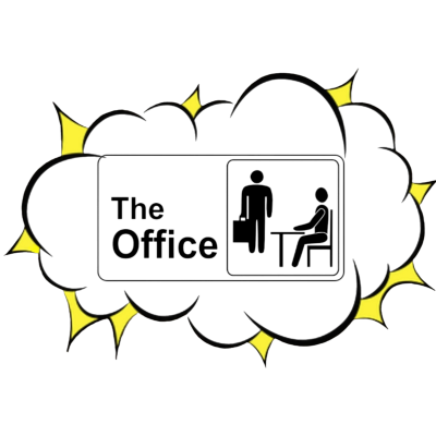 Logótipo da série The Office em preto com nuvem preta e estrelas amarelas