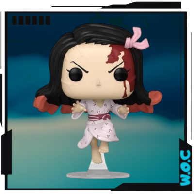 Figura Funko Pop de personagem feminina com manchas vermelhas que parecem sangue e vestido branco com laço rosa no cabelo