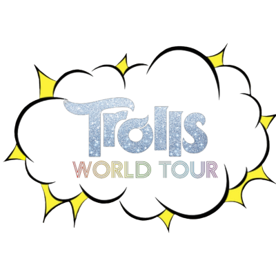 Logotipo dos Trolls World Tour sobre nuvem preta com bordas amarelas