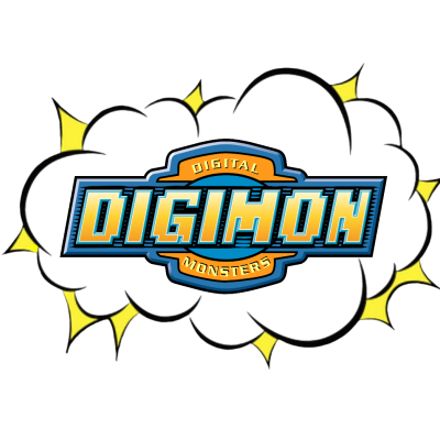 Logotipo Digimon Monsters sobre nuvem preta com detalhes amarelos