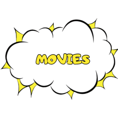 Nuvem preta em estilo cartoon com a palavra MOVIES em amarelo