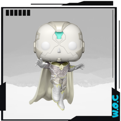 Figura colecionável Funko Pop futurista com capa branca e detalhes em azul e dourado