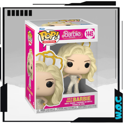 Boneca Funko Pop Barbie Gold Disco dentro da caixa original.