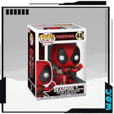 Figura colecionável Pop! Rides Deadpool com scooter na sua caixa branca e vermelha