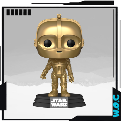 Funko Pop dourado de C-3PO de Star Wars numa base preta com logo branco