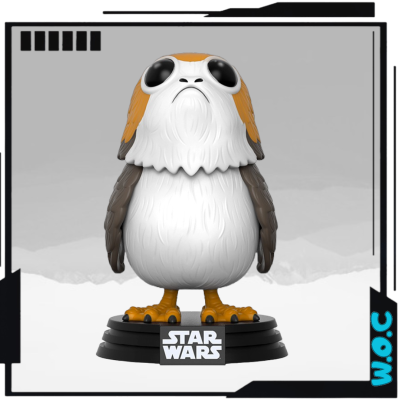 Figurinha Porg STAR WARS branco e pardo com base preta