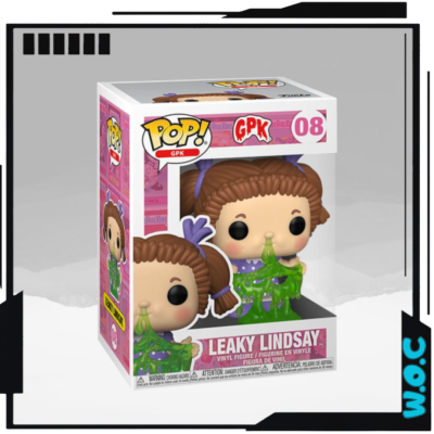 Figura Funko Pop! Leaky Lindsay com líquido verde sobre caixa rosa e branca.