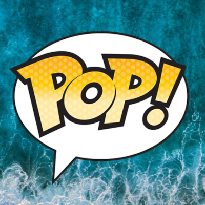 Balão de diálogo branco com a palavra POP! em amarelo sobre fundo azul ondulado que parece o mar