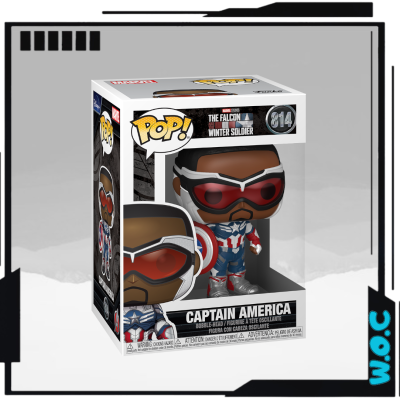 Figura Funko Pop! Captain America com roupa azul, vermelha e branca e óculos vermelhos em embalagem branca e transparente