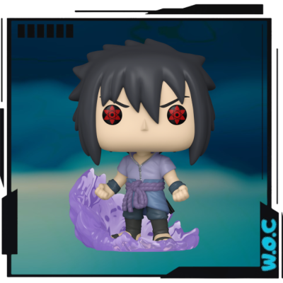 Figura Funko Pop do personagem Sasuke Uchiha com efeito roxo