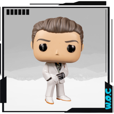 Figura Funko Pop vestida de fato branco com luva preta e cabelo castanho