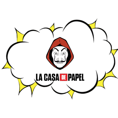 Logotipo com máscara branca e capuz vermelho sobre fundo de nuvem preta e texto LA CASA DE PAPEL