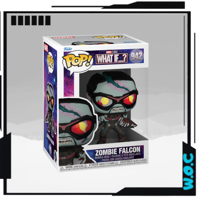 Funko Pop! Zombie Falcon da Marvel What If...? na embalagem.