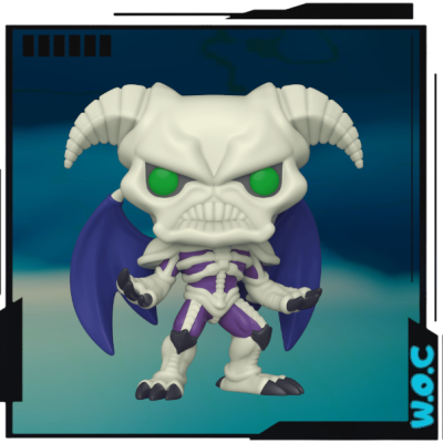 Figura colecionável de criatura esquelética com chifres e asas roxas.