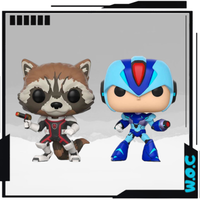 Figuras Funko Pop de guaxinim e humano com armadura azul