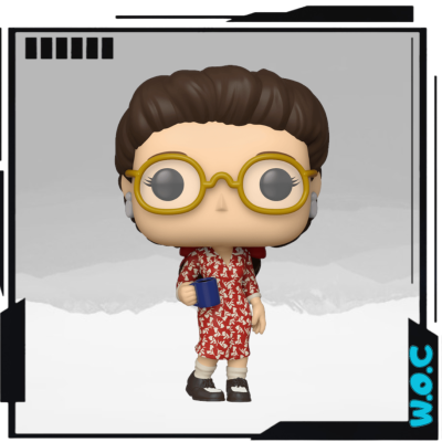 Figura Funko Pop com vestido vermelho e óculos amarelos