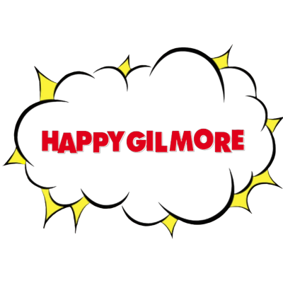 Nuvem de quadrinhos preta com contorno amarelo e texto vermelho HAPPY GILMORE