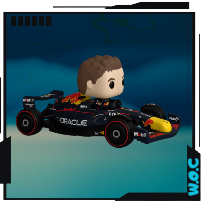 Figura Funko Pop de carro de Fórmula 1 Red Bull Racing com marcas visíveis num fundo azul