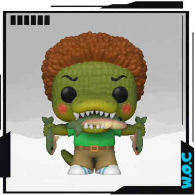 Figura colecionável de crocodilo antropomórfico com cabelo encaracolado e peixes