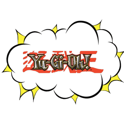 Logotipo do jogo Yu-Gi-Oh! em fundo preto com estrelas amarelas.