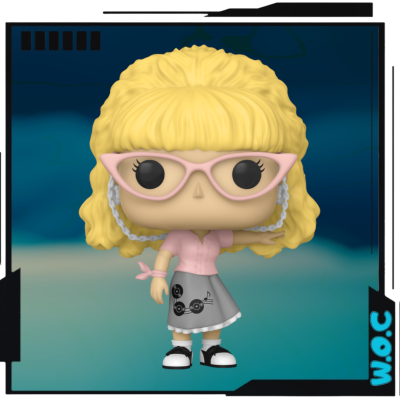 Figura Funko Pop de personagem loira com óculos cor-de-rosa e saia cinzenta com padrões