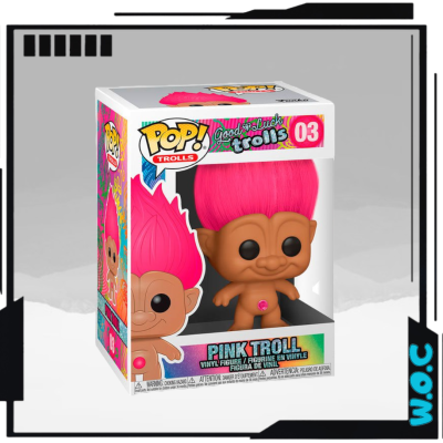 Figura Pop! vinyl Pink Troll da coleção Good Luck Trolls na sua caixa
