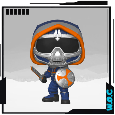 Figura Funko Pop futurista com máscara prateada, capuz azul e laranja, segurando faca e escudo