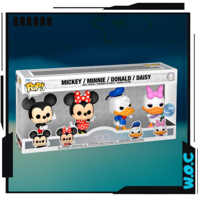 Figura Pop! Disney de Mickey, Minnie, Donald e Daisy em caixa transparente