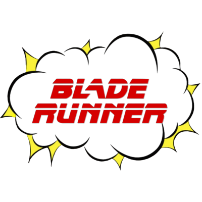 Logo Blade Runner em vermelho sobre nuvem preta com detalhes amarelos