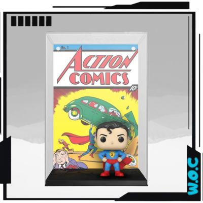 Figura Funko Pop do Superman à frente da capa da Action Comics nº1 dentro de suporte de exibição