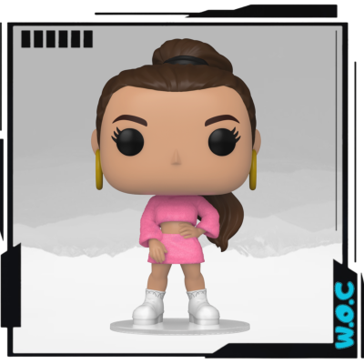 Figura colecionável tipo Funko Pop com vestido rosa e brincos dourados