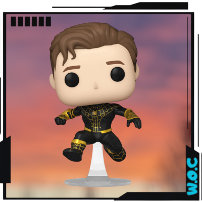 Boneco Funko Pop Homem-Aranha em fato preto e amarelo sobre suporte