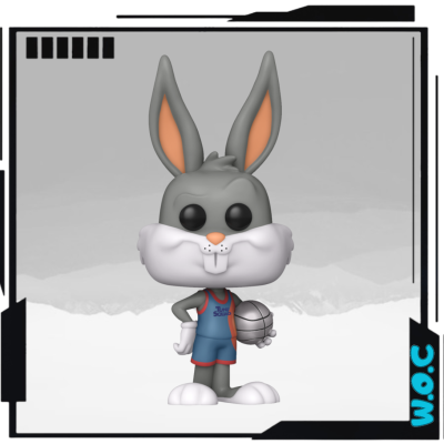 Figura Funko Pop do Pernalonga com uniforme de basquetebol azul e vermelho segurando uma bola prateada