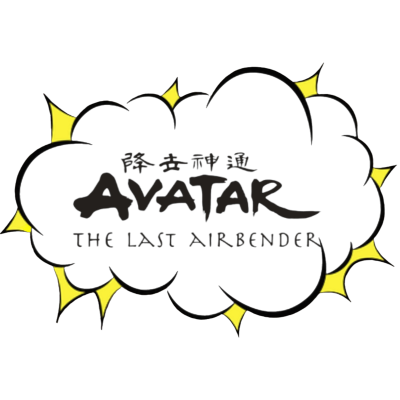 Logótipo preto em formato de nuvem com texto 'AVATAR THE LAST AIRBENDER' e caracteres asiáticos
