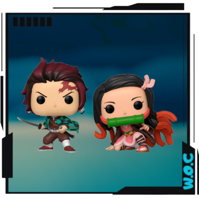 Duas figuras Funko Pop em estilo anime com roupas e acessórios distintos