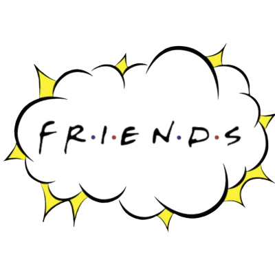 Logótipo da série Friends com texto num balão preto em estilo desenho animado
